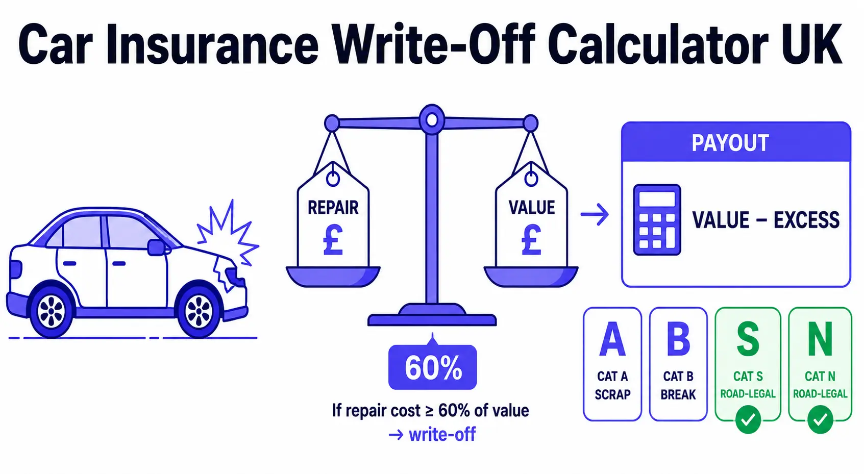 Car insurance write-off calculator: repair-to-value ratio against the insurer threshold, plus the payout of market value minus excess