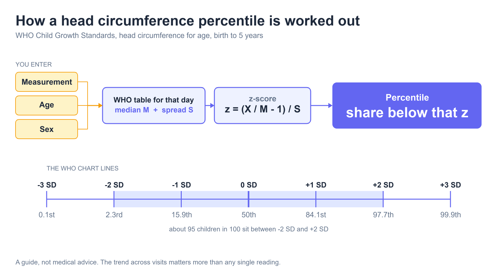 Diagram of how a head circumference percentile is worked out: the measurement, age and sex are looked up in the WHO head-circumference-for-age table to get the median M and spread S, converted to a z-score, then read off as a percentile, with the WHO chart lines from minus 3 SD to plus 3 SD