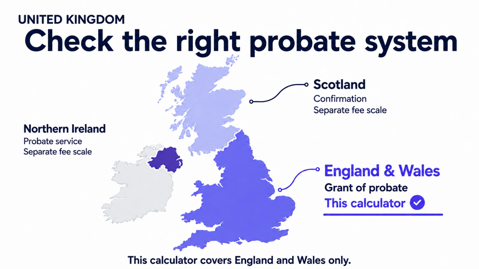 Illustrated map distinguishing England and Wales, covered by this probate calculator, from Scotland's confirmation process and Northern Ireland's separate probate service; the Republic of Ireland is shown in grey.